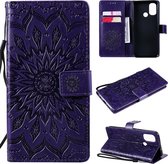 Voor OnePlus Nord N100 Sun Embossing Pattern Horizontale Flip lederen hoes met kaartsleuf & houder & portemonnee & lanyard (paars)