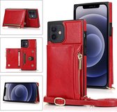 Portemonnee-tas met vierkante rits TPU + PU-achterklep met houder & kaartsleuven & portemonnee & cross-body riem voor iPhone 12 mini (rood)