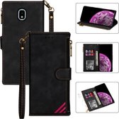 Voor Samsung Galaxy J3 (2018) Rits Multi-kaartsleuven Horizontale flip PU lederen tas met houder & kaartsleuven & portemonnee & lanyard & fotolijst (zwart)