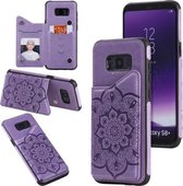 Voor Samsung Galaxy S8 Plus bloem reliëf patroon schokbestendig beschermhoes met houder & kaartsleuven & fotolijst (paars)