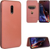 Voor OnePlus 6T Carbon Fiber Texture Magnetische Horizontale Flip TPU + PC + PU Leather Case met Card Slot (Brown)