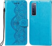 Voor Huawei nova 7 5G Bloem Wijnstok Embossing Patroon Horizontale Flip Leren Case met Kaartsleuf & Houder & Portemonnee & Lanyard (Blauw)