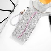 Voor Samsung Galaxy A20s Glitter Poeder Horizontale Flip Leren Case met Kaartsleuven & Houder & Lanyard (Zilver)