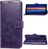 Voor Sony Xperia 5 vierbladige gesp reliÃ«f gesp mobiele telefoon bescherming lederen tas met lanyard & kaartsleuf & portemonnee & beugel functie (paars)