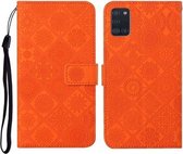 Voor Samsung Galaxy A31 etnische stijl reliëf patroon horizontale flip lederen tas met houder & kaartsleuven & portemonnee & lanyard (oranje)