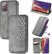 Voor Samsung Galaxy Note 20 Cubic Grid Pressed Horizontal Flip Magnetic PU Leather Case met houder & kaartsleuven & portemonnee (grijs)
