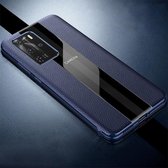 Voor Huawei P40 Pro echt leer gegalvaniseerd Shckproof beschermhoes (blauw)