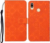 Voor Huawei Y7 (2019) Etnische stijl Reliëfpatroon Horizontale flip lederen hoes met houder & kaartsleuven & portemonnee & lanyard (oranje)