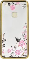 ADEL Siliconen Back Cover Softcase Hoesje Geschikt voor Huawei P10 Lite - Bling Glimmend Vlinder Bloemen Goud