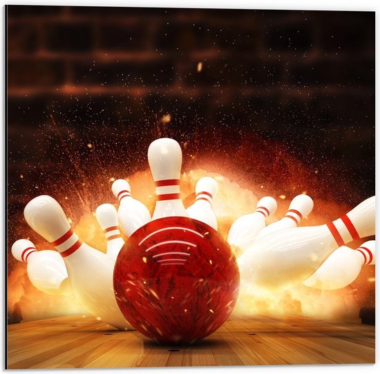 Dibond - Bowlingbal met Kegels en Vuur - 50x50cm Foto op Aluminium (Wanddecoratie van metaal)