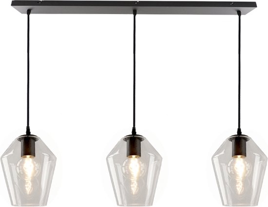 Olucia Gracia - Design Hanglamp - 3L - Glas/Metaal - Transparant;Zwart - Rechthoek