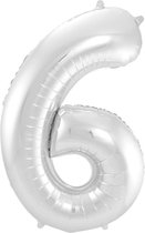 Ballon Cijfer 6 Jaar Zilver 36Cm Verjaardag Feestversiering Met Rietje