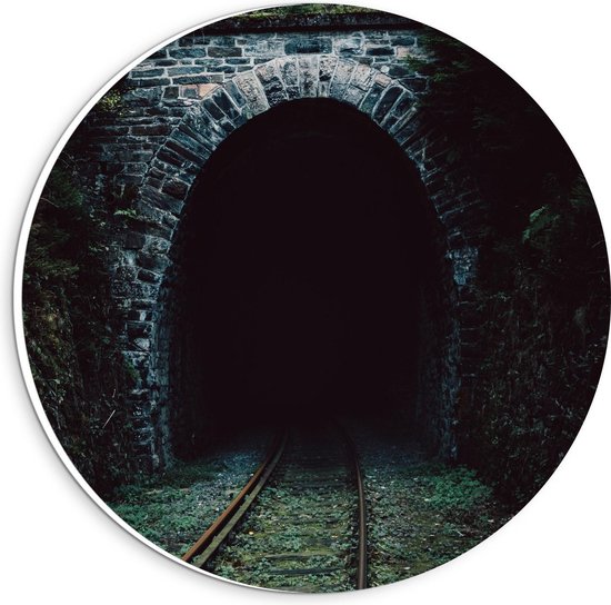 Forex Wandcirkel - Donkere Tunnel met Rails - 20x20cm Foto op Wandcirkel (met ophangsysteem)