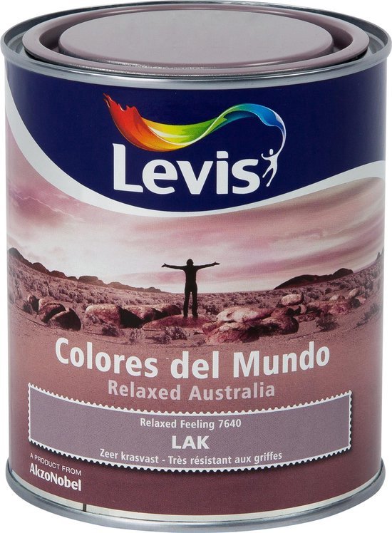 Blik Levis lak 'Relaxed Australia' met een paarsgrijze kleur en een afbeelding van de outback.