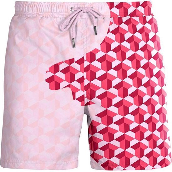 Roze zwembroek met grafisch patroon.