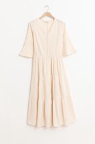 Sissy-Boy - Beige ruffle maxi jurk met lurex en trompet mouw