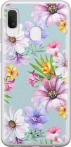 Samsung Galaxy A20e siliconen hoesje - Mint bloemen - Soft Case Telefoonhoesje - Blauw - Bloemen