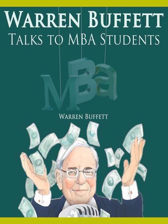 Warren Buffett praat met MBA-studenten. Illustratie van Warren Buffett die geld omhoog gooit met een microfoon op de voorgrond.