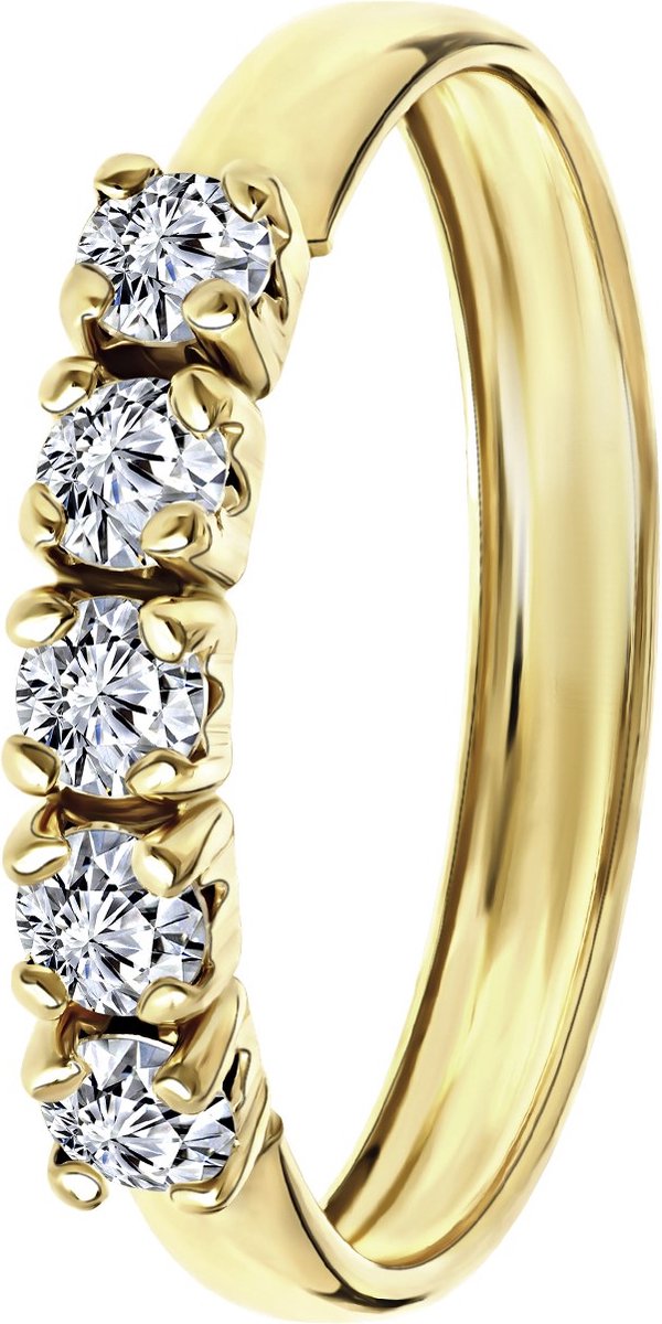 Lucardi Dames Ring met 5 zirkonia stenen - Ring - Cadeau - 9 Karaat - Geelgoud