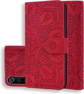 Kalfspatroon Dubbel opvouwbaar ontwerp Reliëf lederen tas met portemonnee en houder en kaartsleuven voor Geschikt voor Xiaomi Mi 9 (rood)