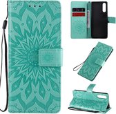 Voor Sony Xperia 10 II reliÃ«f zonnebloem patroon horizontale flip PU lederen tas met houder & kaartsleuven & portemonnee & lanyard (groen)