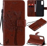 Voor Huawei Honor Play4T Pro Tree & Cat reliÃ«fpatroon Horizontale flip lederen tas met houder & kaartsleuven & portemonnee & draagkoord (koffie)