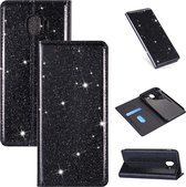 Voor Samsung Galaxy J4 (2018) Ultradunne glitter magnetische horizontale flip lederen tas met houder en kaartsleuven (zwart)