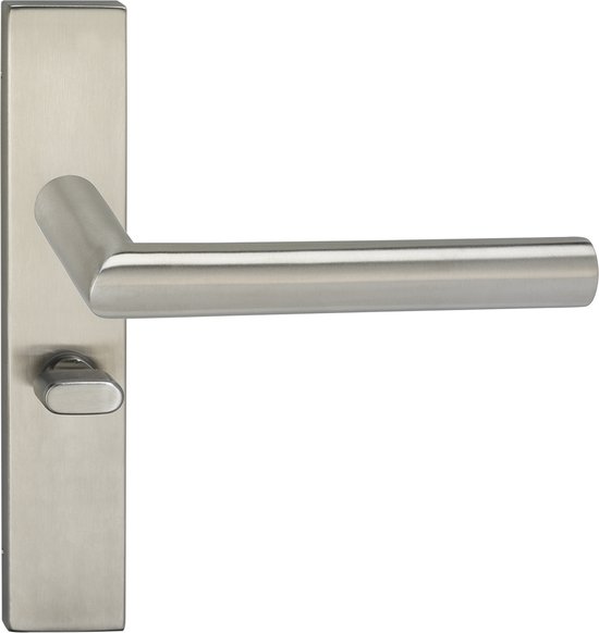 Roestvrijstalen deurkruk met een rechthoekig rozet en een klein ovaal draaiplateau voor toiletdeuren.