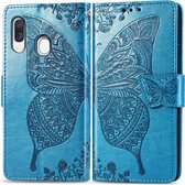 Butterfly Love Flowers Embossing Horizontale Flip Leather Case voor Galaxy A40, met houder & kaartsleuven & portemonnee & lanyard (blauw)