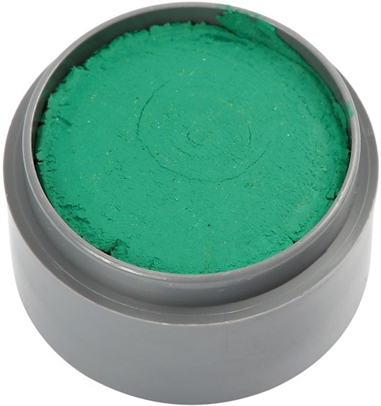 Een ronde grijze pot met felgroene, poederachtige water-gebaseerde schmink.