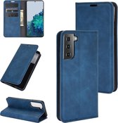 Voor Samsung Galaxy S21 Retro-skin Business magnetische zuignap lederen tas met houder & kaartsleuven & portemonnee (donkerblauw)