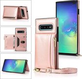 Voor Samsung Galaxy S10 Plus Vierkante Rits Portemonnee Tas TPU + PU Cover Case met Houder & Kaartsleuven & Portemonnee & Cross-body Riem (Rose Glod)