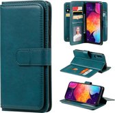 Voor Samsung Galaxy A50 multifunctionele magnetische koperen gesp horizontale flip effen kleur lederen tas met 10 kaartsleuven & portemonnee & houder & fotolijst (donkergroen)