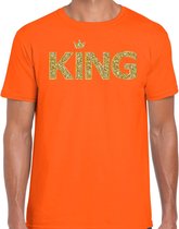 Koningsdag King t-shirt oranje met gouden kroon heren - Koningsdag kleding / outfit L