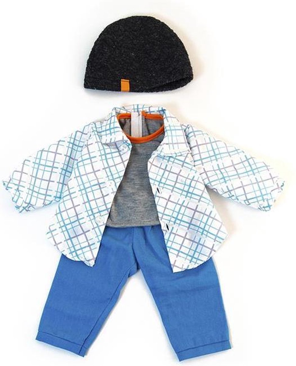 ML Poppen: KLEDIJ SET blauw voor jongen 38-40cm, 4-delig, broek, hemd, t-shirt  en muts, in plastic zakje met kapstok, 3+