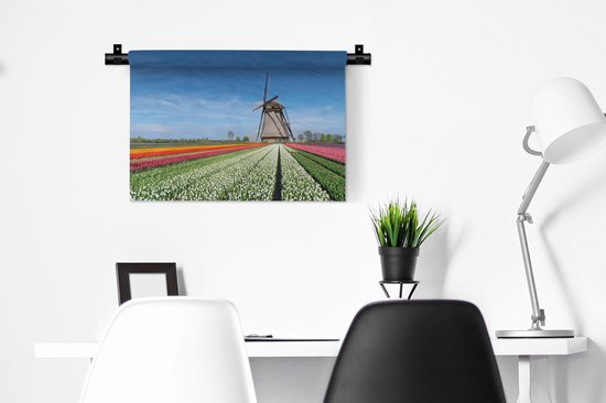 Tenture murale Paysages Nederland - Moulin à vent entre les tulipes aux Nederland Tapisserie coton 60x40 cm - Tapisserie murale avec photo