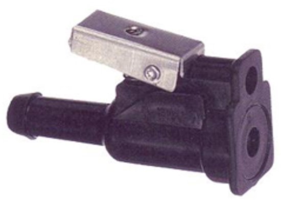 Zwarte Johnson/Evinrude vrouwelijke connector met 8mm slang aansluiting en metalen clip.