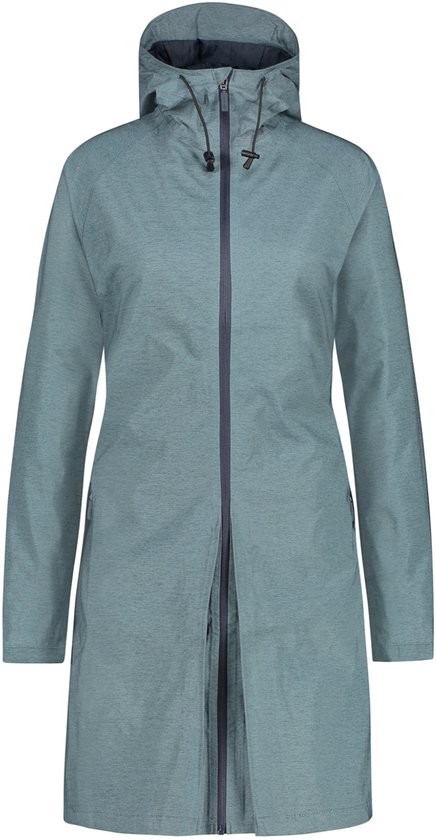 Veste de pluie AGU bleue avec capuche, manches longues, fermeture éclair fermée et ourlet évasé.