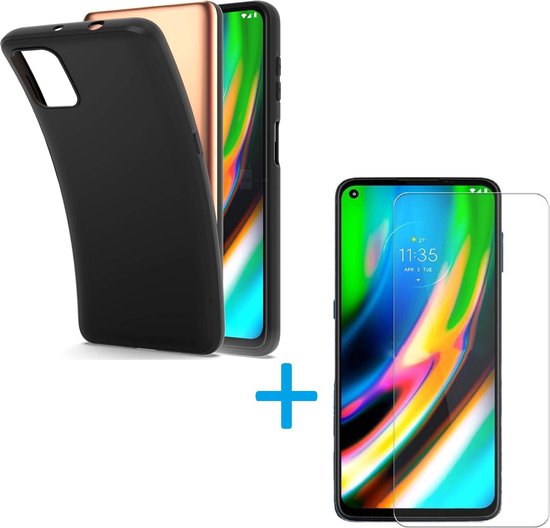 Coque Motorola Moto G9 Plus - Coque en Siliconen TPU souple et Glas trempé 2X Combi - Zwart