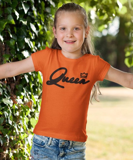 Oranje Koningsdag T-Shirt Kind Queen Black (5-6 jaar - MAAT 110/116) | Oranje kleding & shirts | Feestkleding