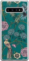 Samsung Galaxy S10 siliconen hoesje - Vogels Japanse bloemen - Soft Case Telefoonhoesje - Blauw - Bloemen