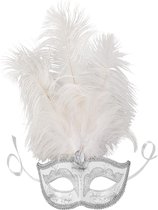 dressforfun - Venetiaans masker met veer zilver - verkleedkleding kostuum halloween verkleden feestkleding carnavalskleding carnaval feestkledij partykleding - 303545