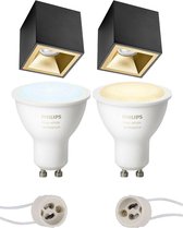 PHILIPS HUE - Opbouwspot Set GU10 - White Ambiance - Bluetooth - Primux Cliron Pro - Opbouw Vierkant - Mat Zwart/Goud - Verdiept - 90mm