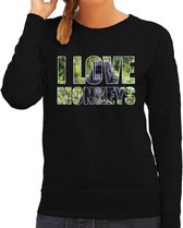 Tekst sweater I love monkeys met dieren foto van een gorilla aap zwart voor dames - cadeau trui apen liefhebber S