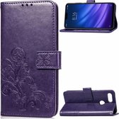 Lucky Clover geperste bloemenpatroon lederen tas voor Xiaomi Mi 8 Lite, met houder en kaartsleuven & portemonnee en handriem (paars)