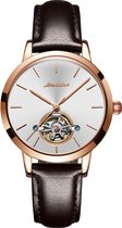 JIN SHI DUN 8812 Dames Eenvoudig uitgehold waterdicht automatisch mechanisch horloge (bruinleren strip wit)
