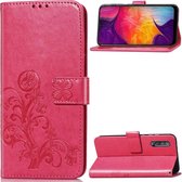 Lucky Clover geperste bloemenpatroon lederen tas voor Galaxy A50, met houder en kaartsleuven en portemonnee en handriem (roze rood)