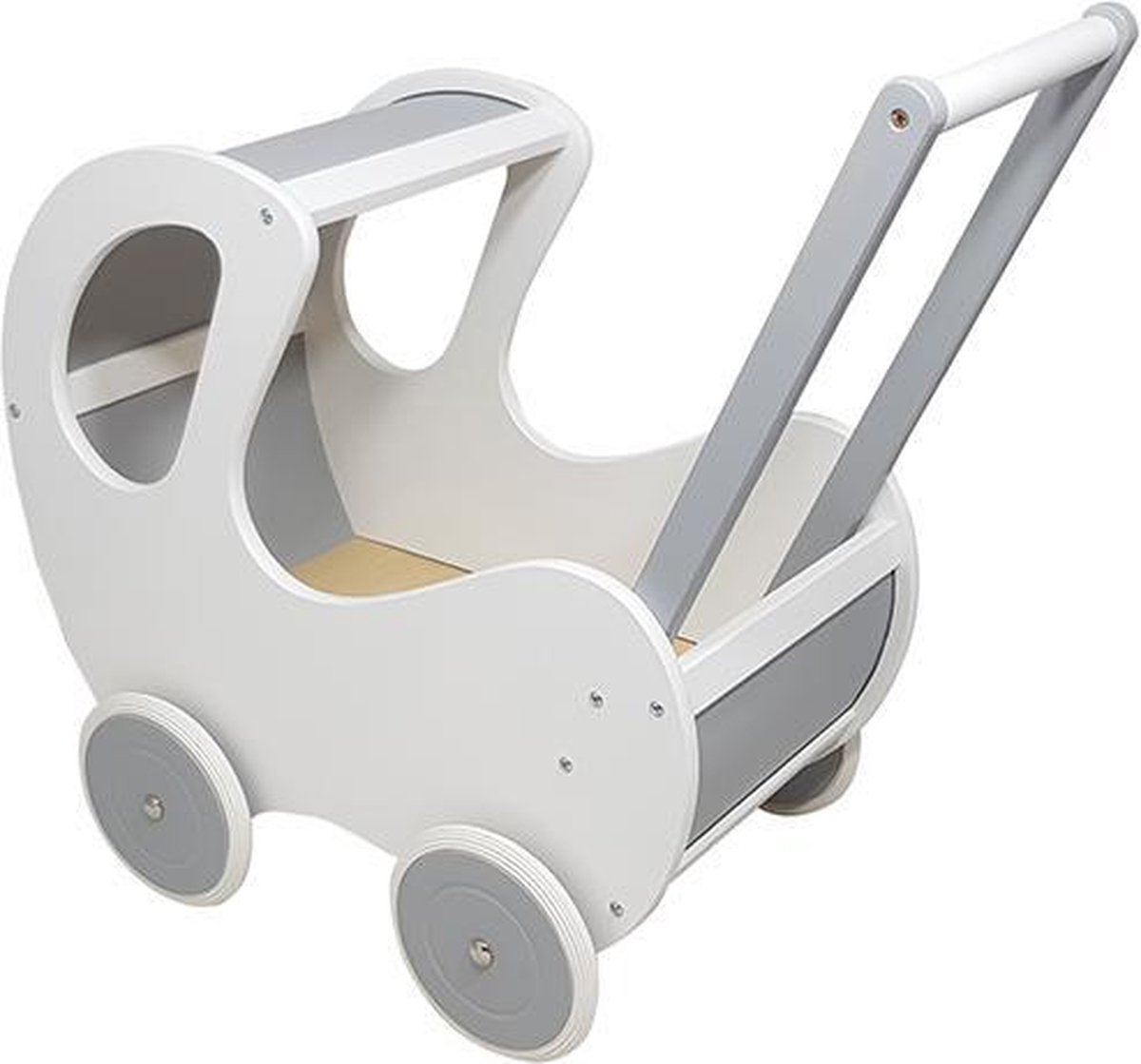 Bol.com Playwood - Houten Poppenwagen wit / zilver klassiek met kap aanbieding