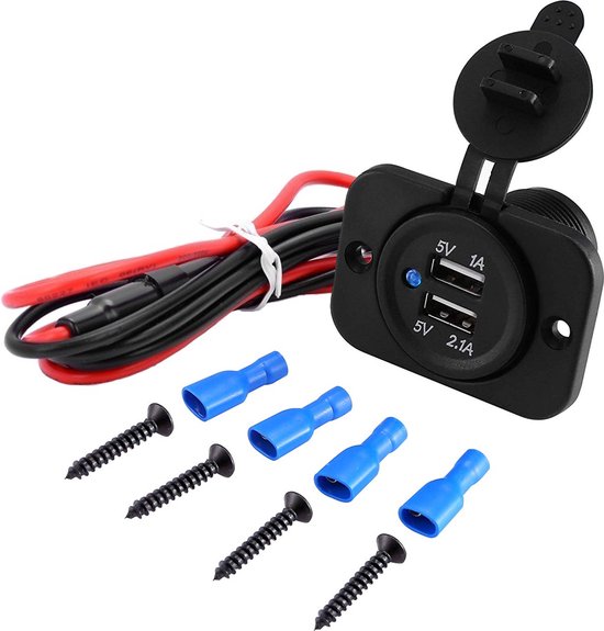 Foto: Mmobiel universele waterproof 12v autolader 2 usb poorten oplader inclusief bedradings set