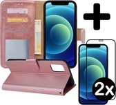 Hoes voor iPhone 12 Pro Max Hoesje Book Case Met 2x Screenprotector Full Cover 3D Tempered Glass - Hoes voor iPhone 12 Pro Max Hoes Wallet Cover Met 2x 3D Screenprotector - Rose Go